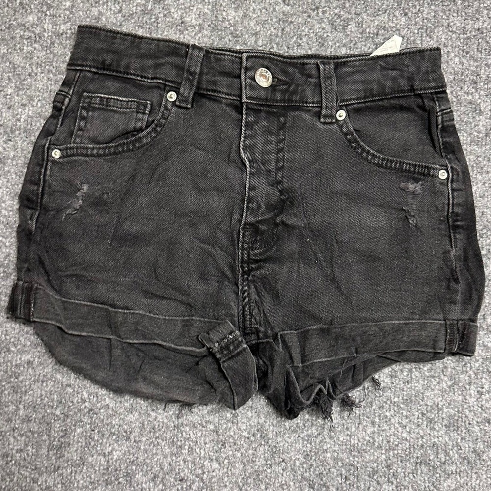 Bershka Denim Shorts Womens Size 4 Black Distressed High Waisted Raw Hem Casual